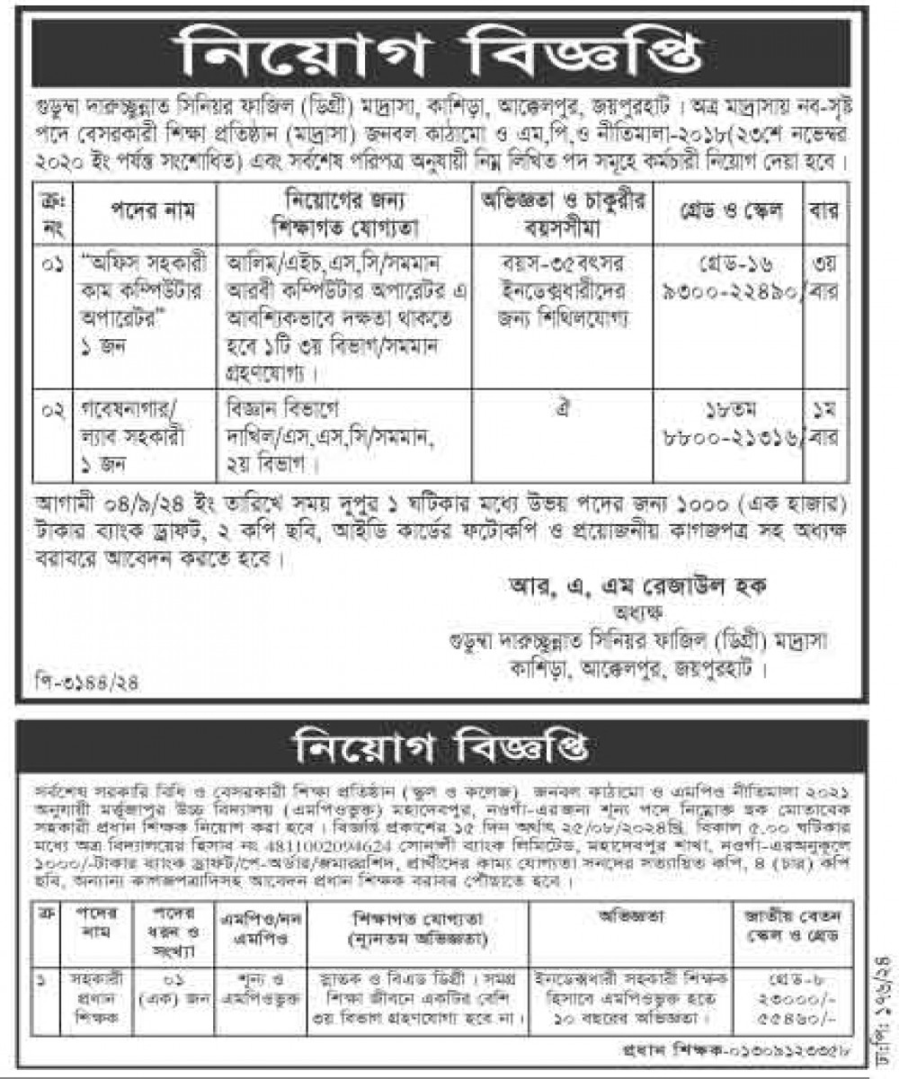 সহকারী প্রধান শিক্ষক পদে নিয়োগ বিজ্ঞপ্তি প্রকাশ-(দৈনিক করতোয়া)১১/০৮/২০২৪